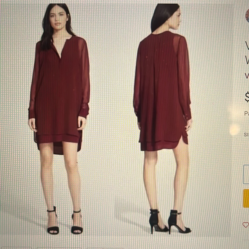 Vince Double Layer 100% Silk Shirtdress Wine Burgundy Red shift dress Sz 0 2514